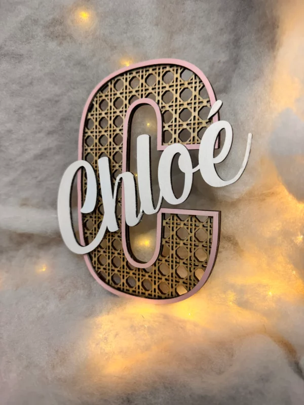 Lettre fond découpe imitation rotin avec prénom